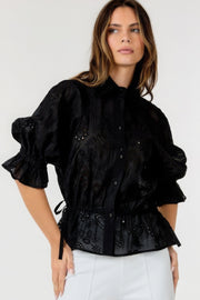 Button-down Collar Neck Embroidered Top - Fashionmj