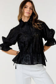 Button-down Collar Neck Embroidered Top - Fashionmj