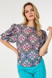 Puff Sleeve Multi-print Top - Fashionmj