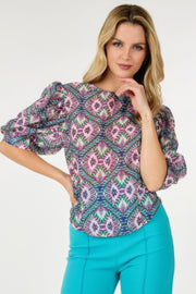 Puff Sleeve Multi-print Top - Fashionmj