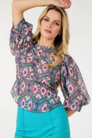 Puff Sleeve Multi-print Top - Fashionmj