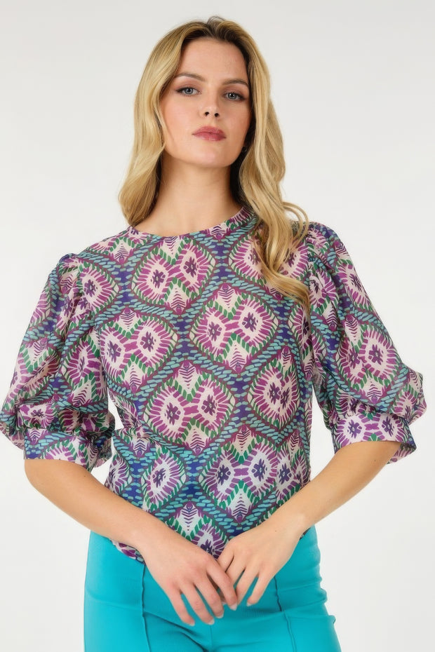 Puff Sleeve Multi-print Top - Fashionmj