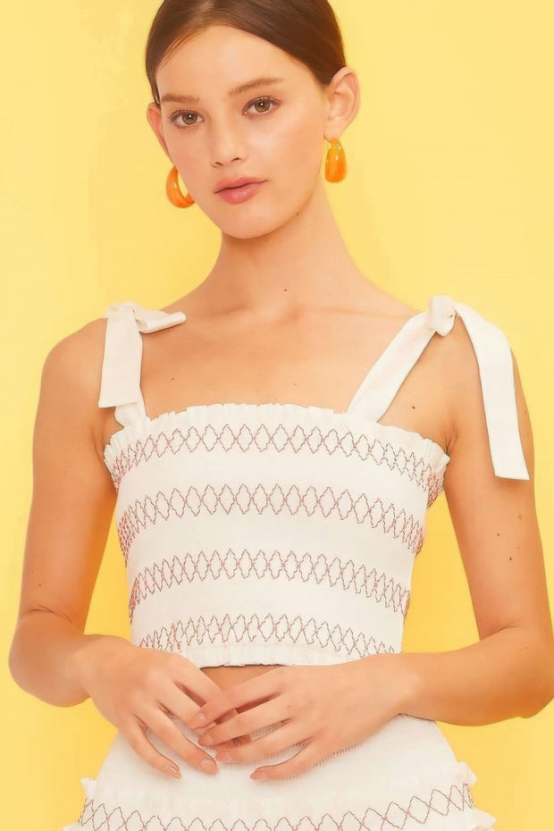 Self Tie Shoulder Smocking Ruffle Crop Top - Fashionmj