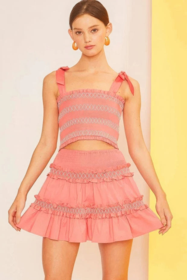 Self Tie Shoulder Smocking Ruffle Crop Top - Fashionmj