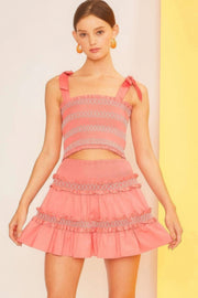 Waist Smocking Ruffle And Shirring Mini Skirt - Fashionmj