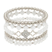 Clover Metal Pearl Rhinestone Stretch Bracelet Set - Fashionmj