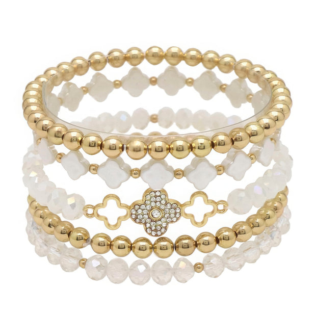 Clover Metal Pearl Rhinestone Stretch Bracelet Set - Fashionmj