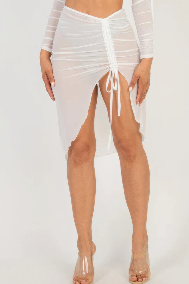 Sexy Sheer Mesh Drawstring Ruched Skirt - Fashionmj