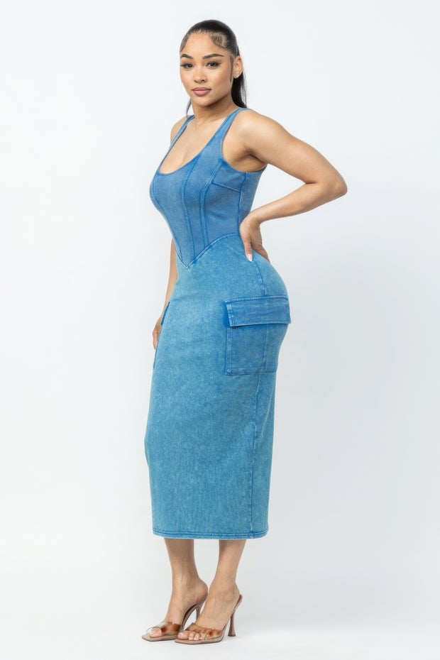 Acid Washed Cargo Midi Dress - Fashionmj