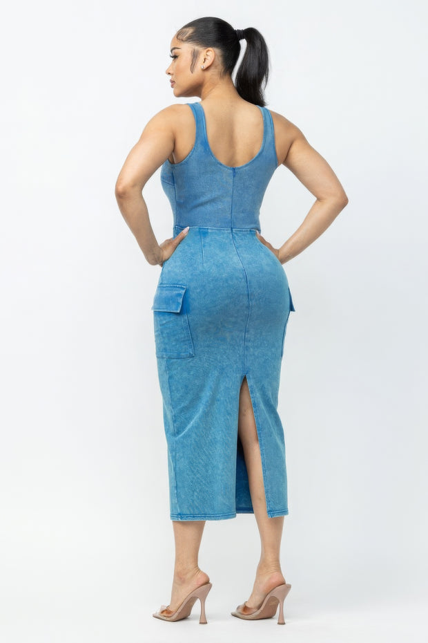 Acid Washed Cargo Midi Dress - Fashionmj