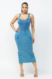 Acid Washed Cargo Midi Dress - Fashionmj