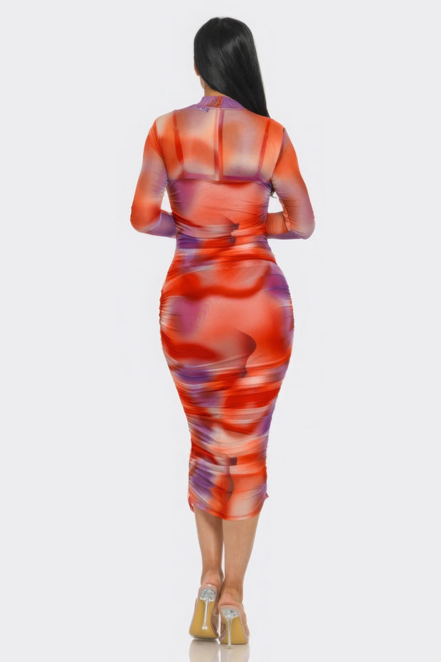 Summer Heat Print Mesh Ruched Midi Dress - Fashionmj