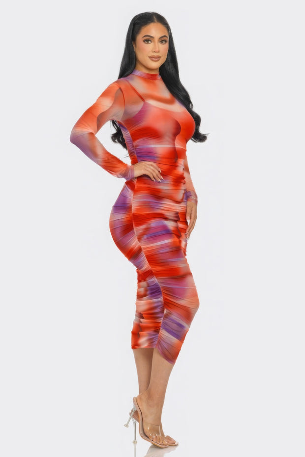 Summer Heat Print Mesh Ruched Midi Dress - Fashionmj