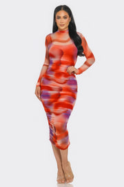 Summer Heat Print Mesh Ruched Midi Dress - Fashionmj