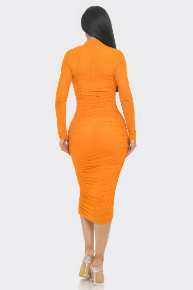 Solid Mesh Ruched Midi Dress - Fashionmj