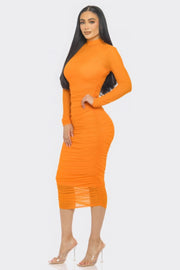 Solid Mesh Ruched Midi Dress - Fashionmj