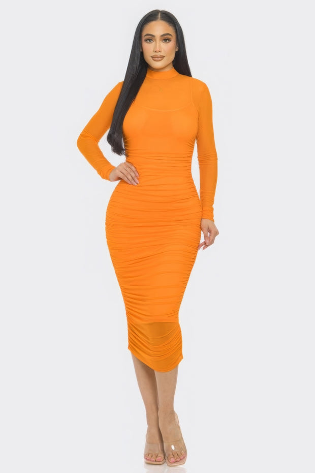 Solid Mesh Ruched Midi Dress - Fashionmj