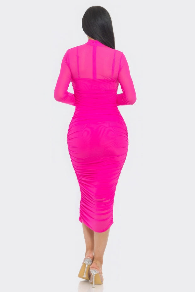 Solid Mesh Ruched Midi Dress - Fashionmj