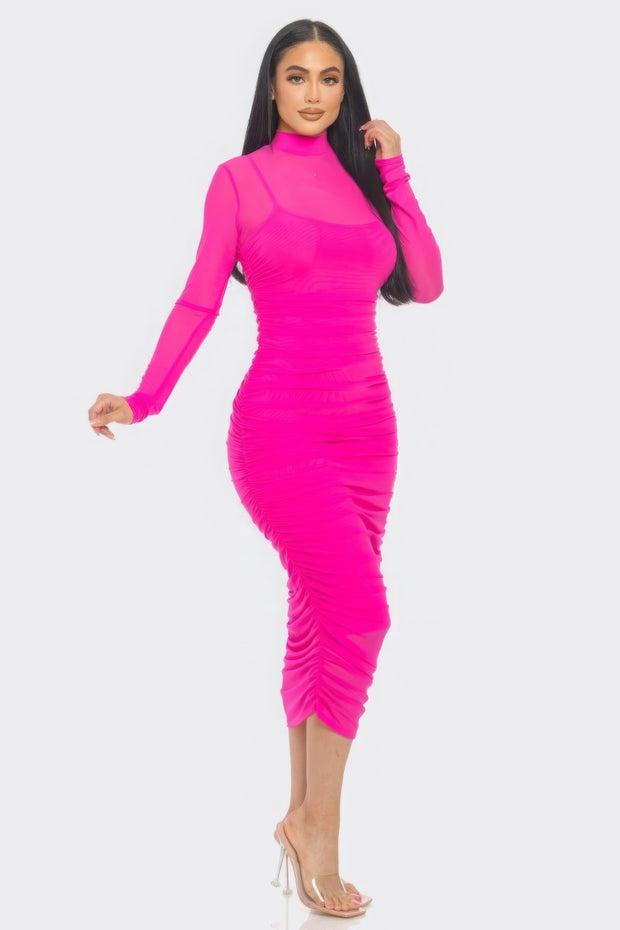 Solid Mesh Ruched Midi Dress - Fashionmj