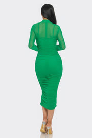 Solid Mesh Ruched Midi Dress - Fashionmj