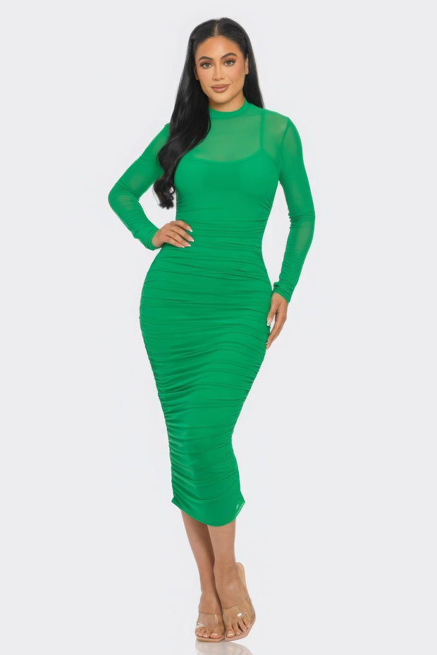 Solid Mesh Ruched Midi Dress - Fashionmj