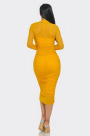 Solid Mesh Ruched Midi Dress - Fashionmj