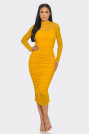 Solid Mesh Ruched Midi Dress - Fashionmj