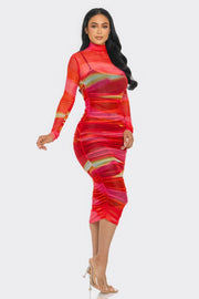 Glitch Print Mesh Ruched Midi Dress - Fashionmj