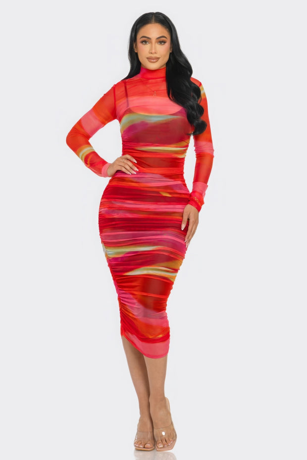 Glitch Print Mesh Ruched Midi Dress - Fashionmj