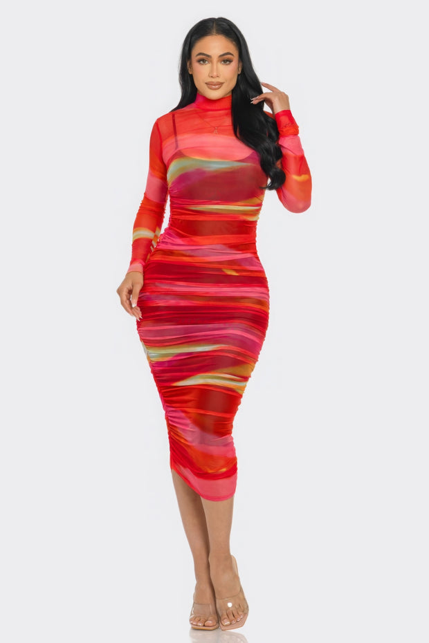 Glitch Print Mesh Ruched Midi Dress - Fashionmj