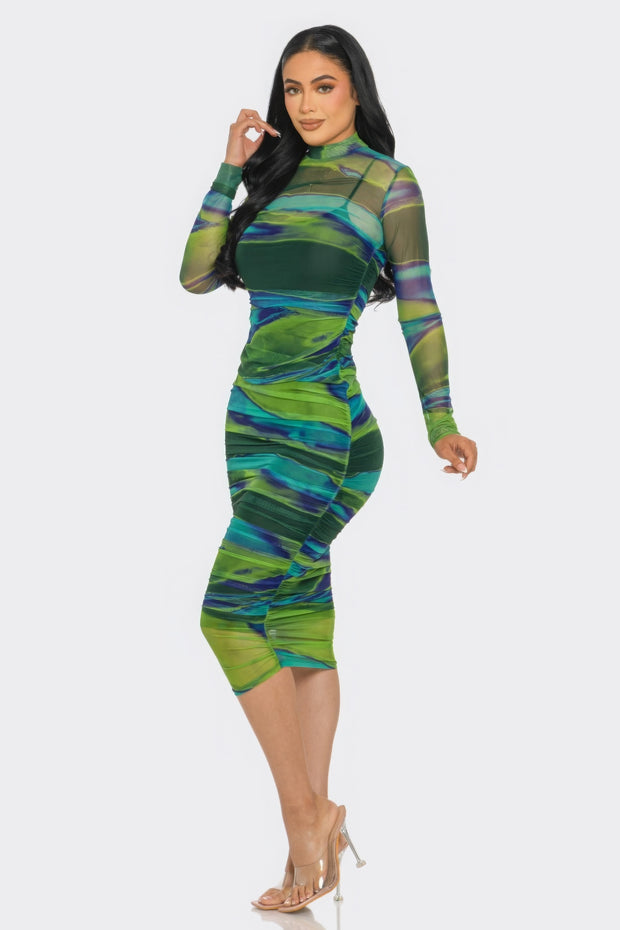 Glitch Print Mesh Ruched Midi Dress - Fashionmj