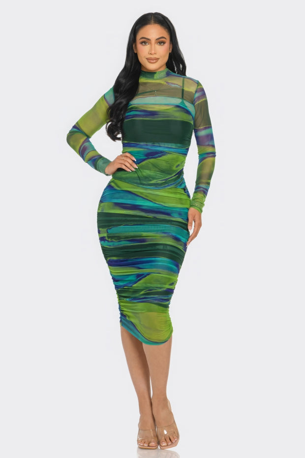 Glitch Print Mesh Ruched Midi Dress - Fashionmj