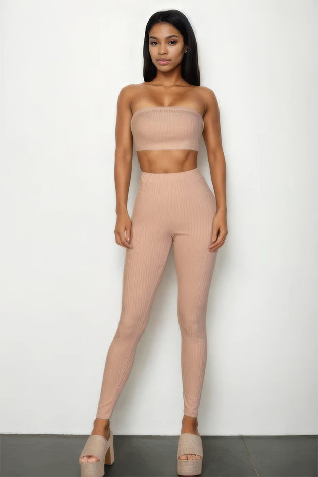 Ribbed Tube Top & Leggings Set - Fashionmj