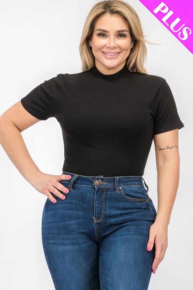 Plus Size Ribbed Short Sleeve Bodysuit in Black