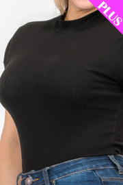 Plus Size Ribbed Short Sleeve Bodysuit in Black