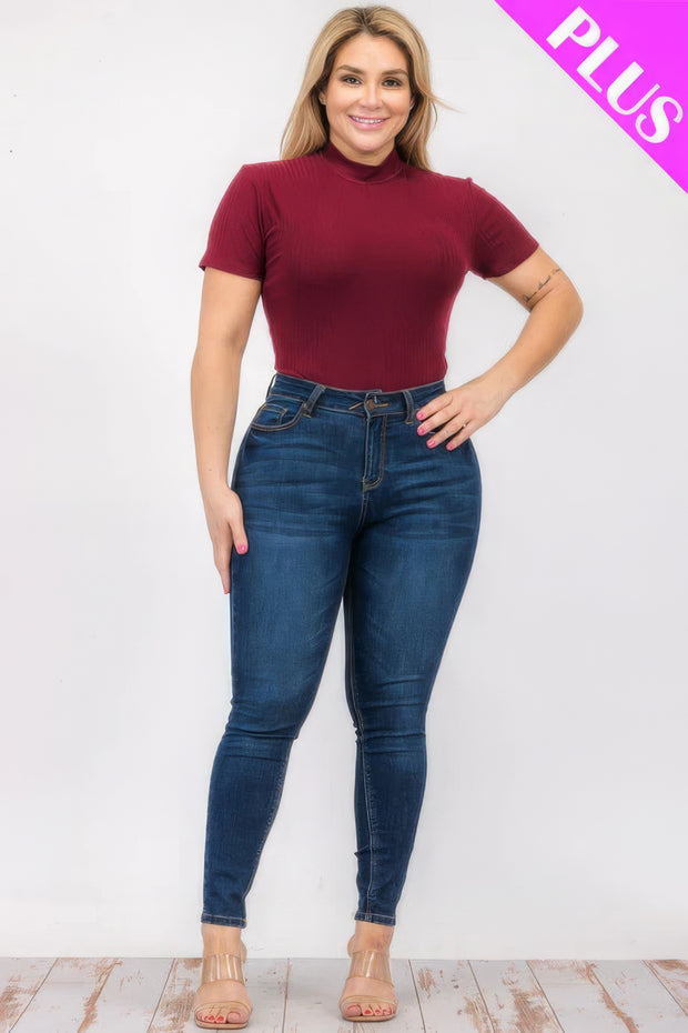 Plus Size Ribbed Short Sleeve Bodysuit - Fashionmj