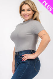 Plus Size Ribbed Short Sleeve Bodysuit - Fashionmj