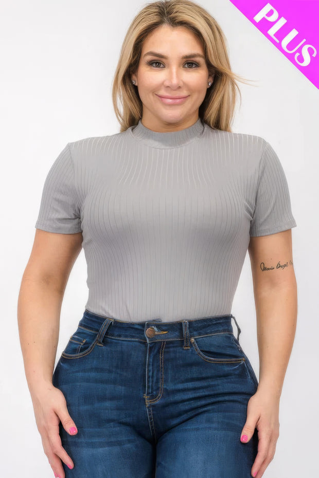 Plus Size Ribbed Short Sleeve Bodysuit - Fashionmj