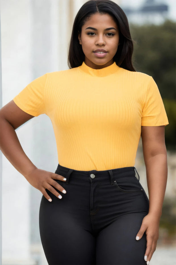 Plus Size Ribbed Short Sleeve Bodysuit - Fashionmj