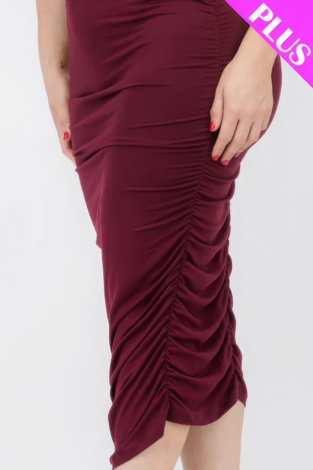 Plus Size Square Neck Ruched Bodycon Midi Dress - Fashionmj