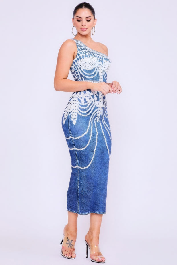 One Shoulder Denim Print Dress - Fashionmj