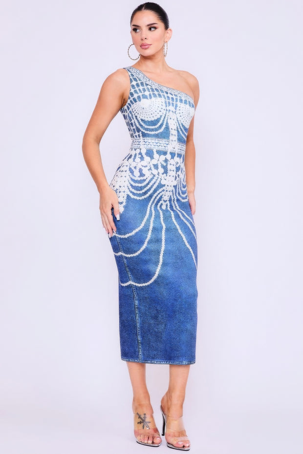 One Shoulder Denim Print Dress - Fashionmj