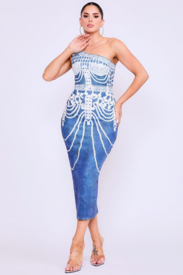 One Shoulder Denim Print Dress - Fashionmj