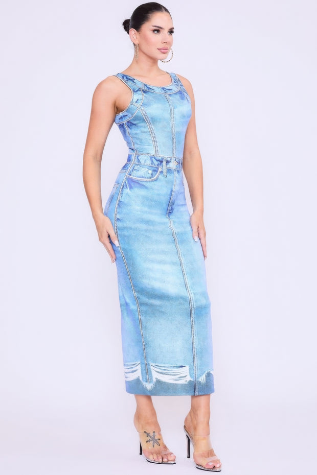 Denim Print Midi Dress - Fashionmj