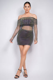 Shirred Off-shoulder Fishnet Top - Fashionmj