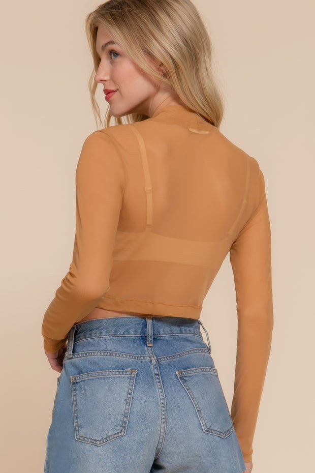 Long Sleeve Mock Neck Mesh Top - Fashionmj