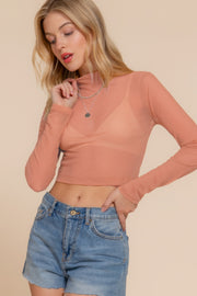 Long Sleeve Mock Neck Mesh Top - Fashionmj