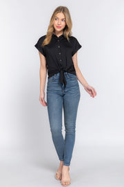 Short Slv Front Tie Stretch Ity  Top - Fashionmj