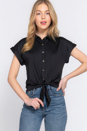 Short Slv Front Tie Stretch Ity  Top - Fashionmj