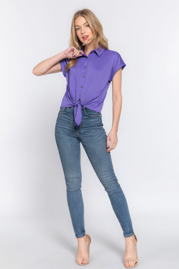 Short Slv Front Tie Stretch Ity  Top - Fashionmj